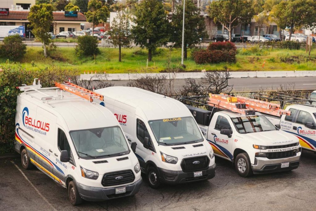 Bellows Plumbing, Heating, Cooling & Electrical service trucks ready for emergency heating services.