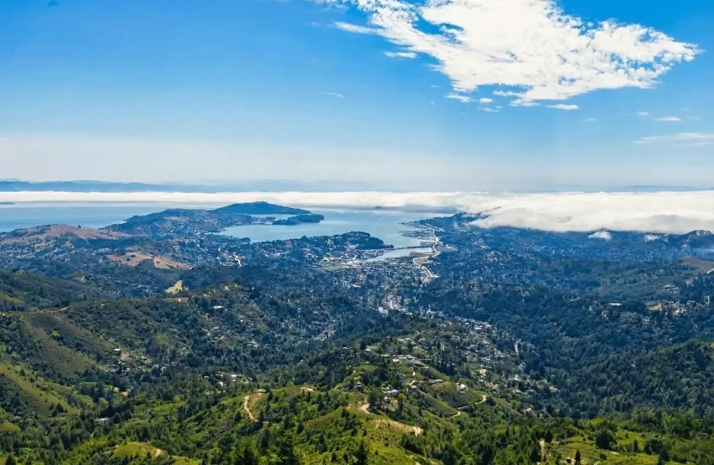 Aerial view of a coastal city with lush green hills and a bay under a partly cloudy sky.
