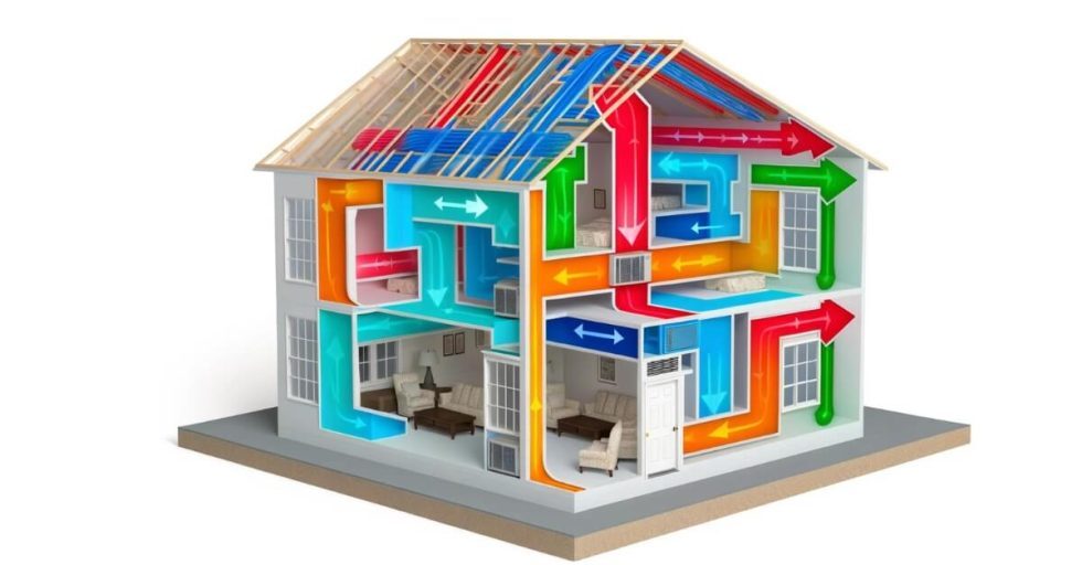 Diagram of a residential HVAC zoning system showing airflow in different colored zones across multiple rooms and floors, illustrating how air ducts and vents deliver conditioned air independently to specific areas of a home.
