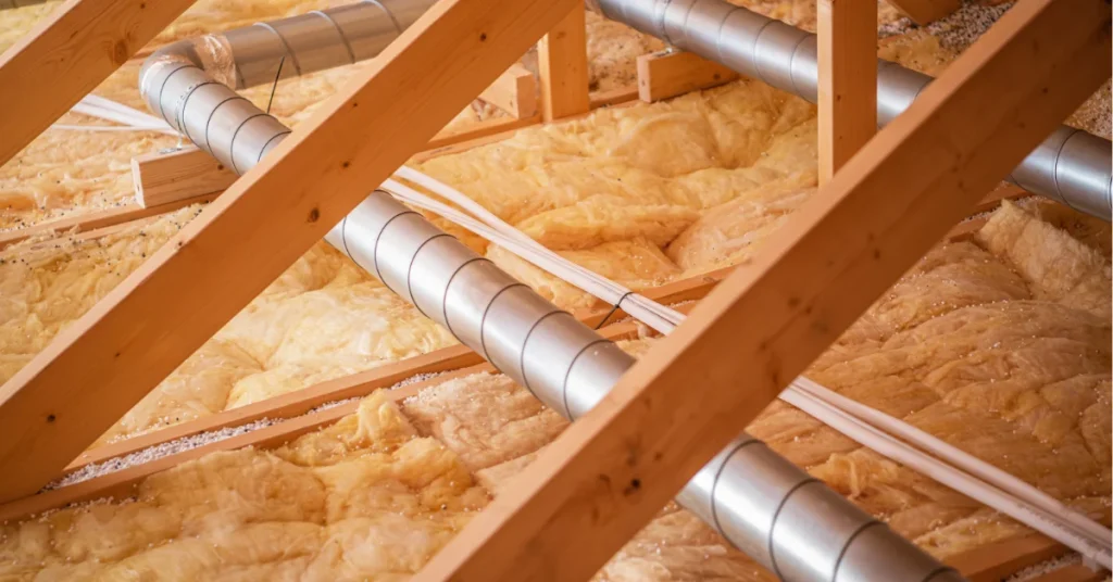 Fiberglass HVAC ductwork installation in residential attic showing insulated air distribution system