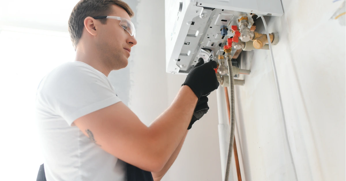 Technician adjusting heat pump water heater controls and settings during professional installation process