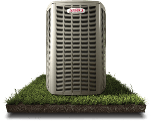This is a heat pump sitting on top of grass