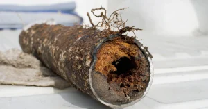Severely corroded and clogged pipe with roots inside