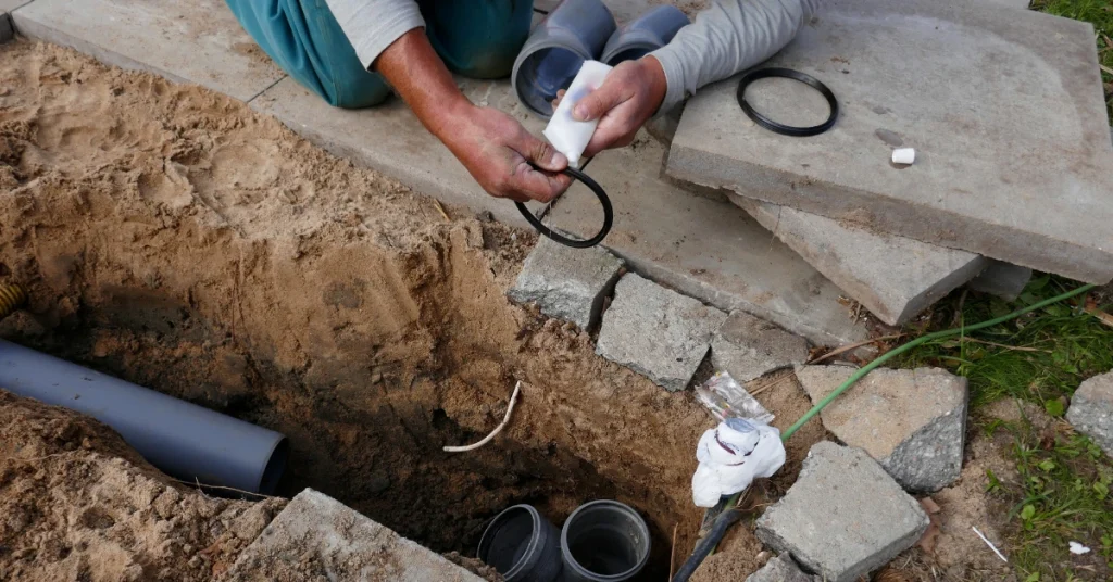 Person repairing a sewer line in an open trench.