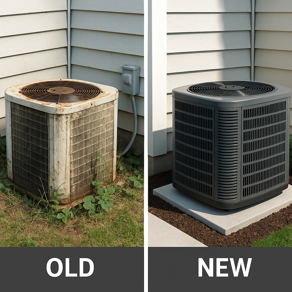 Old rusty AC unit with weeds next to new modern AC unit on clean pad