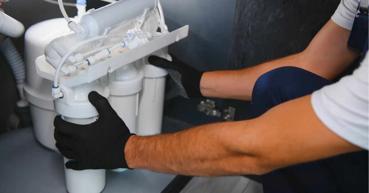 Plumber inspecting and maintaining RO system components during professional water filtration service appointment