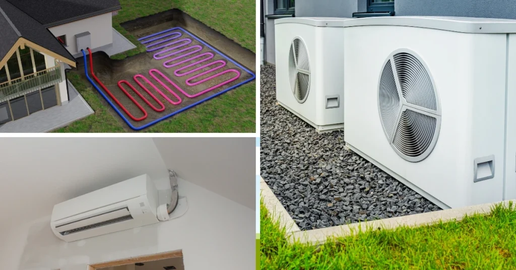 Various types of electric heat pump systems including ground source and air source units for home heating