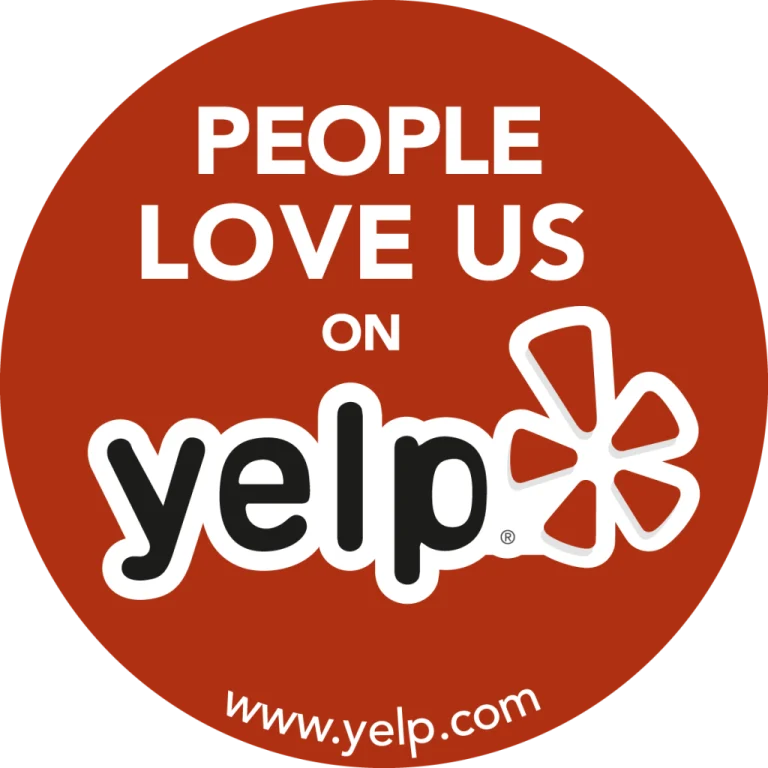 Red circle with the text "People Love Us on Yelp" and the Yelp logo.